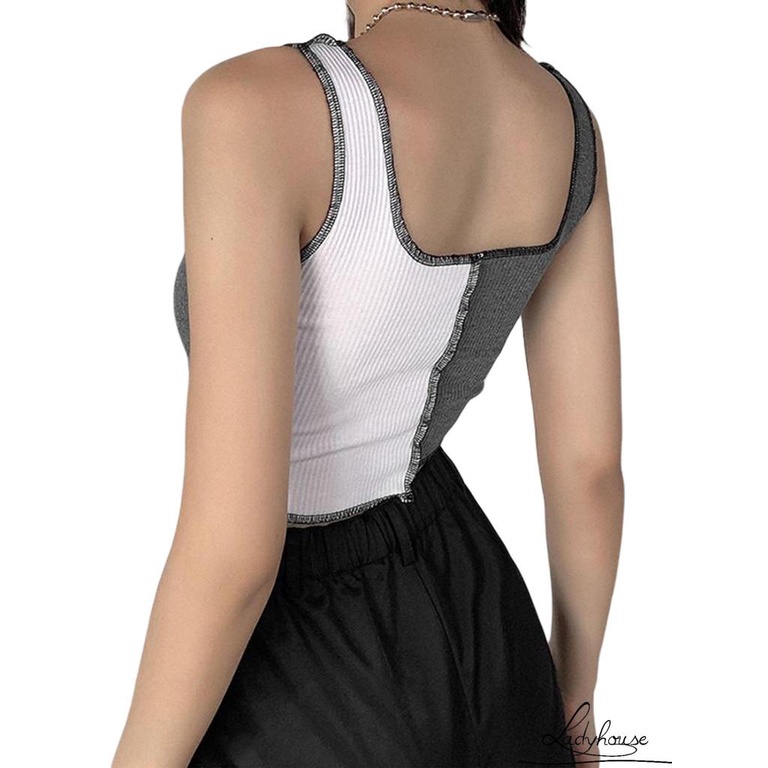 Áo croptop sát nách phối màu thời trang cho nữ