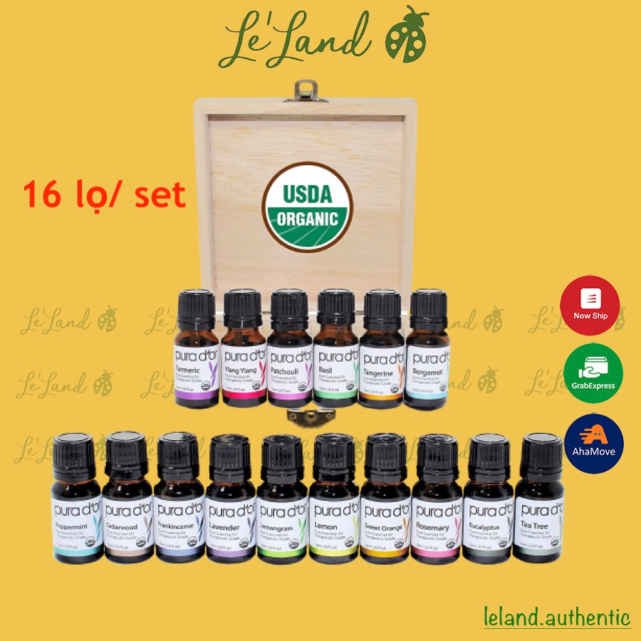 Bill US - Set 16 lọ tinh dầu hữu cơ PURA D'OR Essential Oils Wood Box Set 10ml/ lọ