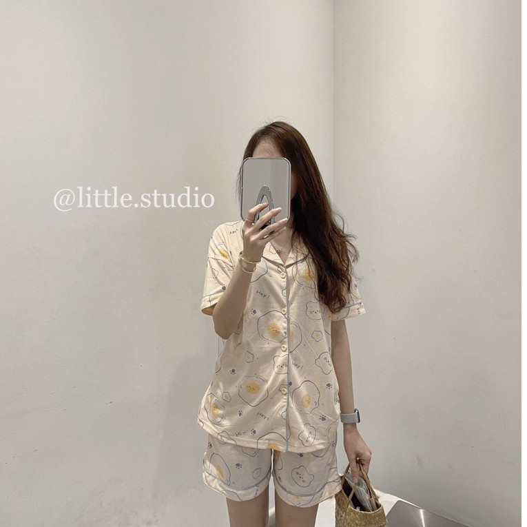 Bộ pyjama mặc nhà họa tiết trứng rán dễ thương đơn giản chất thun mỏng nhẹ thoáng mát Hàn Quốc mùa hè | BigBuy360 - bigbuy360.vn