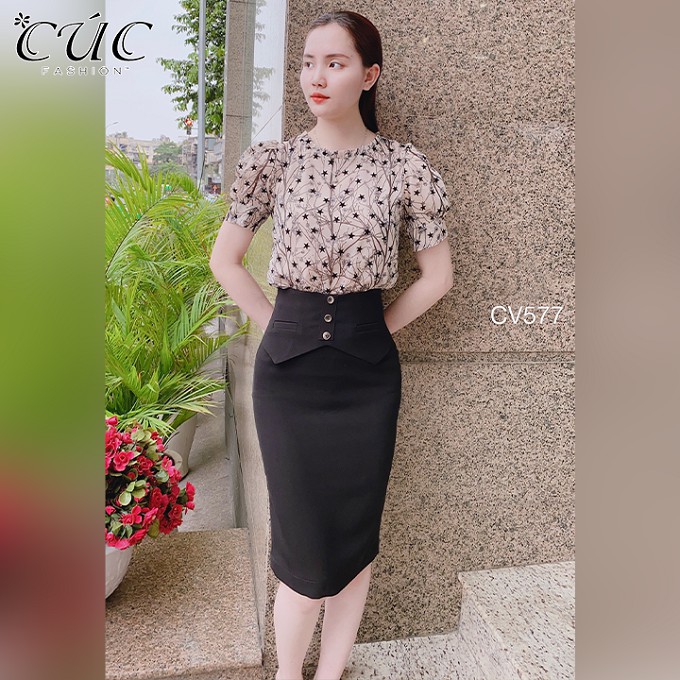 Chân váy công sở cao cấp dáng dài Cúc Fashion CV577 đầm nữ cv bút chì 3 cúc