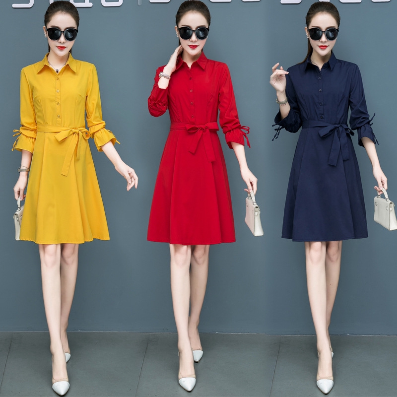 Đầm Midi Dài Đến Đầu Gối Tay Dài Màu Đỏ / Vàng / Đỏ / Xanh Navy Mới Cho Nữ ❀Áo Kiểu Màu Đỏ Thời Trang Trẻ Trung ❀Màu Vàng ❀Áo Thun Đen In Hình Độc Đáo Cá Tính