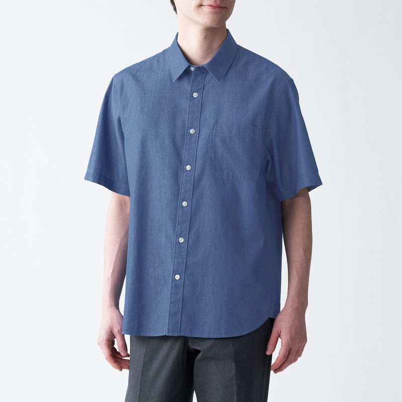 Muji Áo Sơ Mi Vải Chambray Cotton Ấn Độ Ngắn Tay