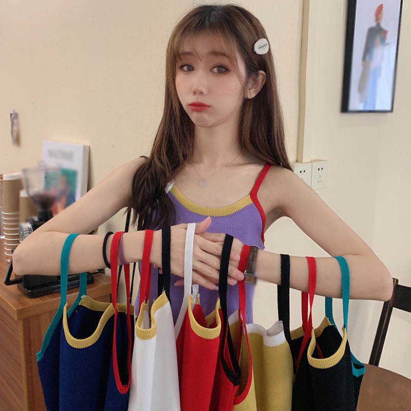 Áo Hai Dây Dệt Kim Phối Màu Tương Phản Quyến Rũ Cho Nữ