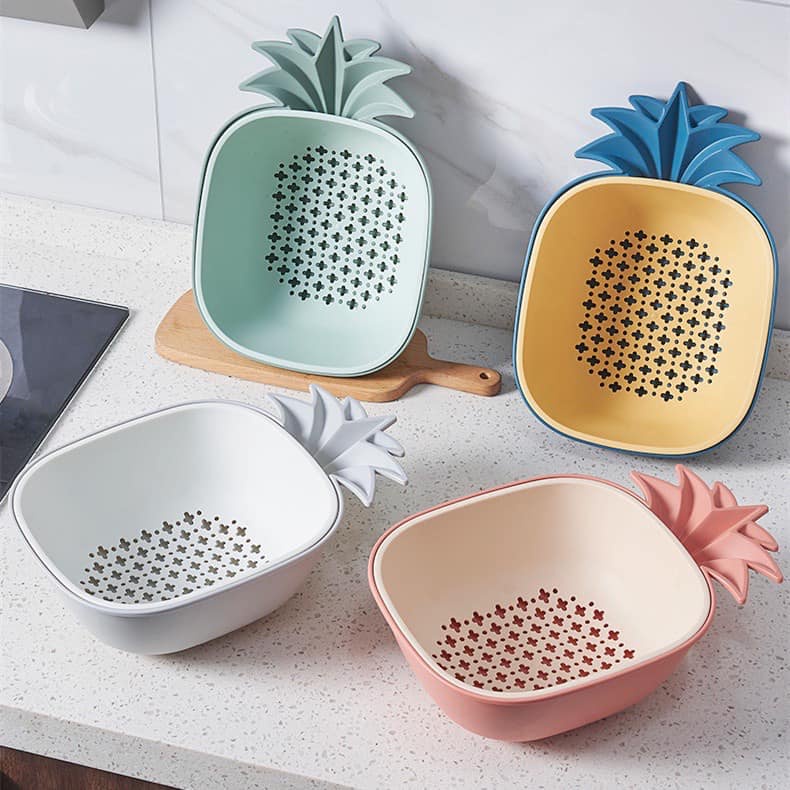 Bộ Rổ Kèm Thau Đựng Rau Trái Cây Hình Trái Dứa Độc Đáo Đáng Yêu (32.8 x 22.3 x10cm - Bộ Gồm 1 Rổ 1 Thau Theo Màu)