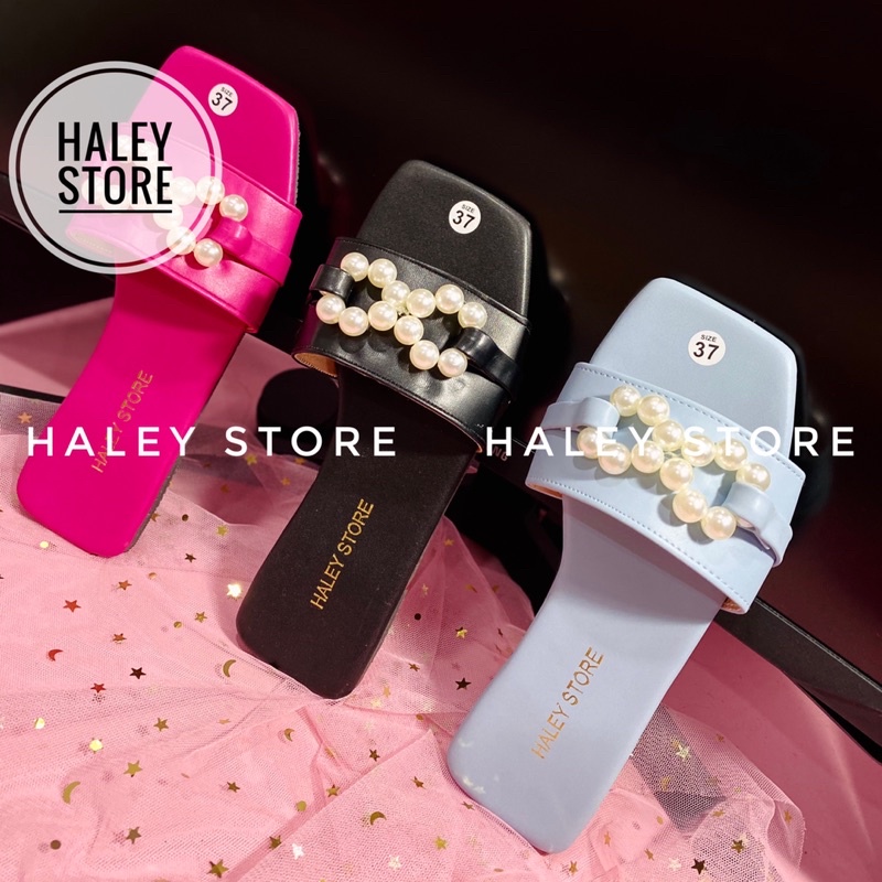 Dép nữ đế bệt HALEY STORE quai ngang mũi vuông đính nơ ngọc màu trẻ trung năng động rẻ bền đẹp đi trong nhà chơi du lịch