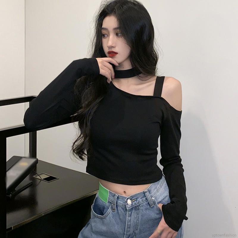 Áo thun tay dài thiết kế lệch vai quyến rũ phong cách hàn quốc