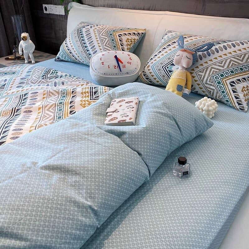 Bộ Chăn Ga Gối Cotton Living Thổ Cẩm Xanh Mint Hot Hit - Chất Liệu 100% Cotton