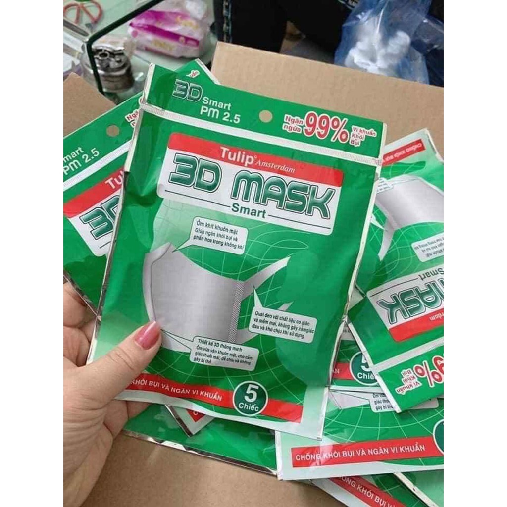 Khẩu trang người lớn TULIPS 3D MASK SMART ngăn ngừa khói bụi vi khuẩn thiết kế thời trang túi 5 chiếc