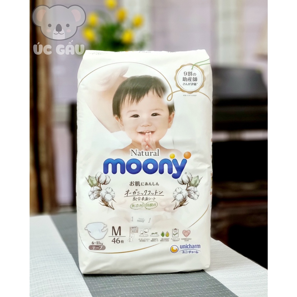 Tã/Bỉm Moony Natural nội địa Nhật Bông Organic dán/quần NB63/S58/M46/L38/L36/XL32