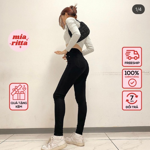 Quần jean nữ Skinny jeans đen lưng cao ống bo siêu co giãn Mia Ritta J316