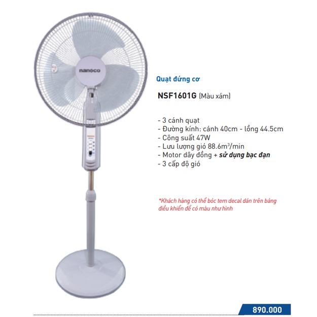 Quạt đứng Nanoco NSF1601G - Motor dây đồng, vòng bi đạn bạc [CHÍNH HÃNG]
