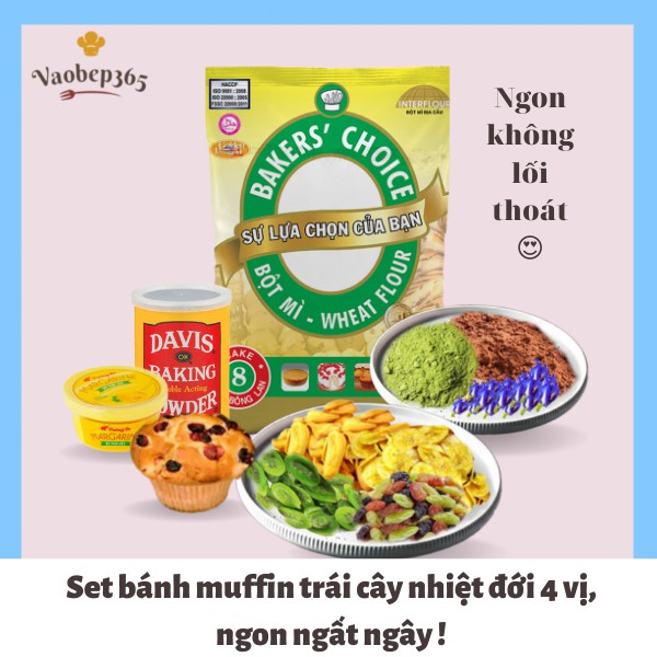 Set Nguyên Liệu Làm Bánh Muffin Trái Cây nhiệt đới xinh, mix 4 vị ngất ngây 600gr Vaobep365