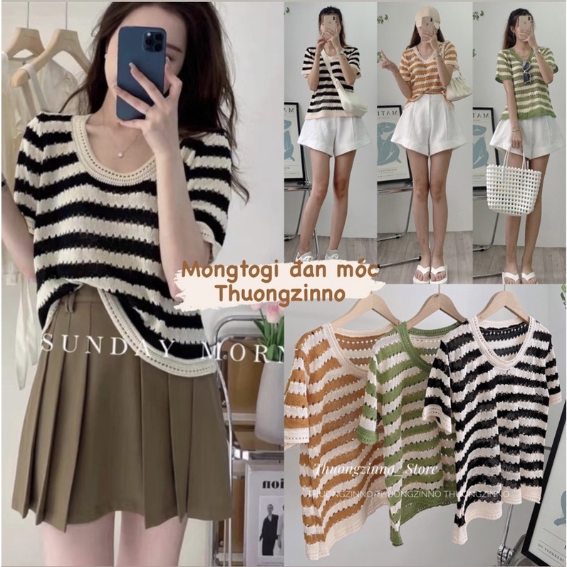 [Hàng loại 1]Áo len kẻ ngang Cầu vồng có tay Hàng Quảng Châu Áo phông chất mongtogi đay dặn basic Hàn Quốc