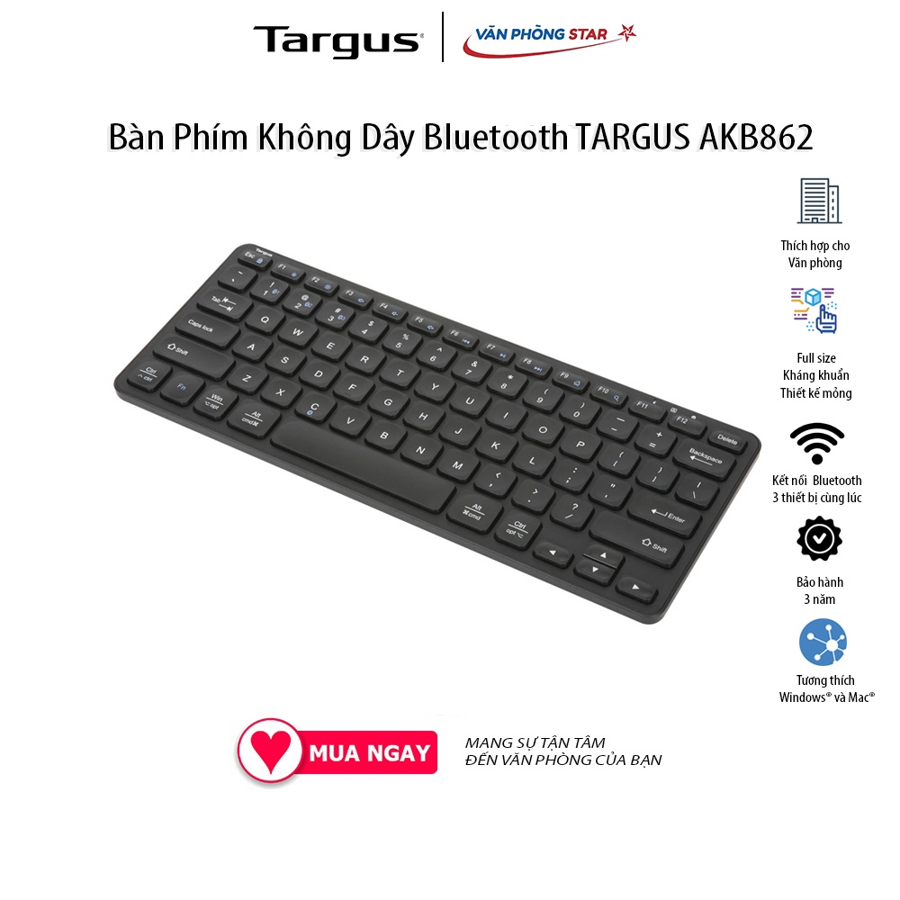 Bàn phím không DâyTargus Multi device Compact Bluetooth AKB862AP full size. Thiết kế mỏng đẹp kháng khuẩn