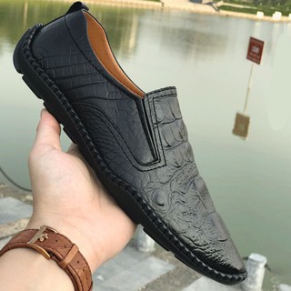 Giày Lười Nam Da Bò Vân Cá Sấu - Màu Đen