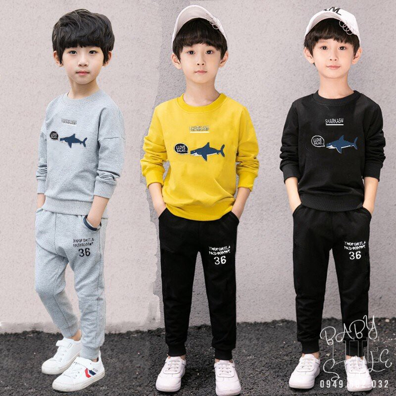 Bộ quần áo thu đông "CCÁ MẬPP" 14-48kg cho bé trai 4-14 tuổi. Dày dặn, ấm áp. Hàng may kỹ, form đẹp. B25 B26