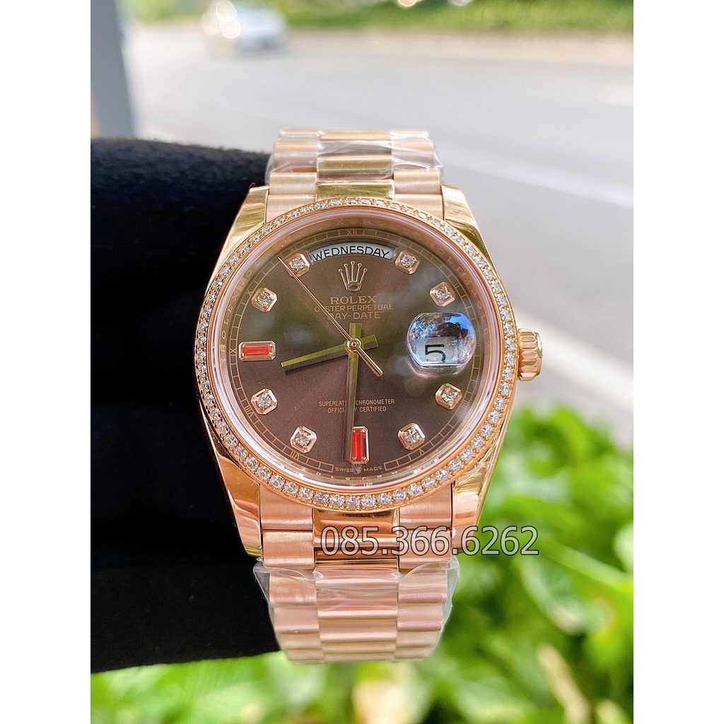 Đồng hồ nam Rolex cơ Automatic máy nhật mẫu Classic 2 lịch nâu cafe viền đá dây vàng hồng size 40-41mm