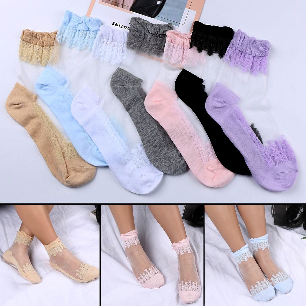 Vớ nữ phối ren cao đến mắt cá chân thoáng khí thời trang tùy chọn màu