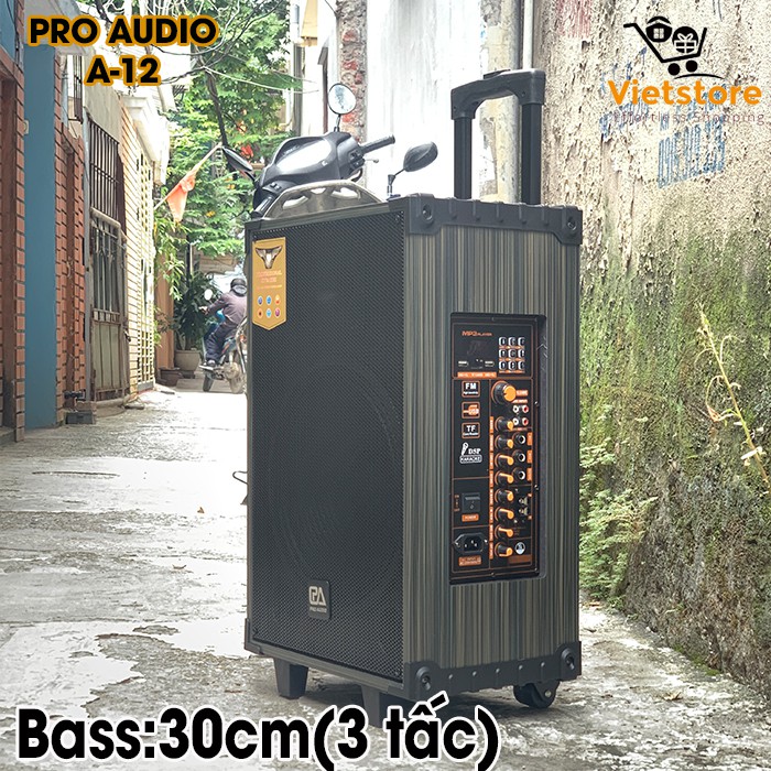 (Tặng kèm 2 Mic không dây) Loa kéo Karaoke Pro Audio A12 Siêu bass 3 tấc (30cm)  bluetooth 4.2 âm thanh 3D Hifi