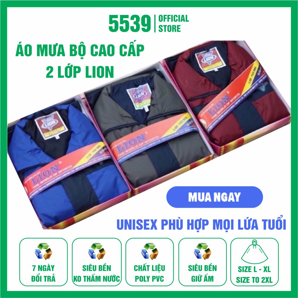 Áo mưa bộ người lớn 2 lớp cao cấp Lion, bộ áo mưa cao cấp 2 lớp chất liệu Poly PVC siêu bền không thấm nước - Shop 5539
