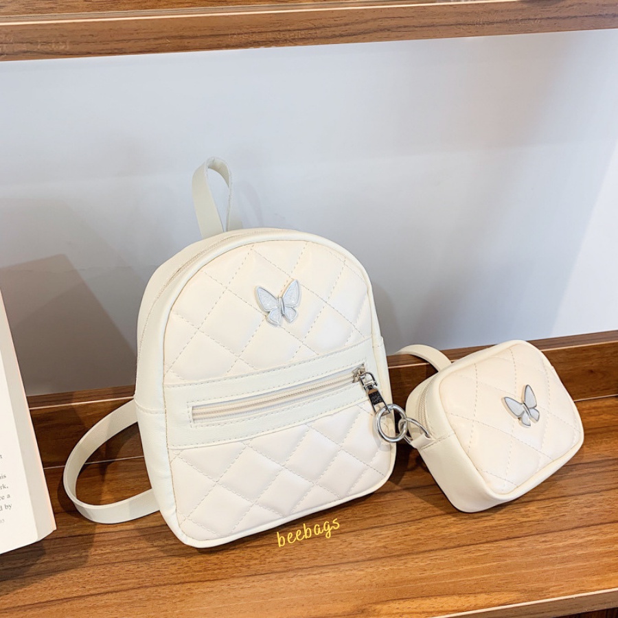 Balo Mini Họa Tiết Bướm Kèm Túi Nhỏ Xinh Xắn | BALO01 | Combo Balo Da Màu Hồng, Đen, Trắng Đi Chơi, Đi Học Và Cafe