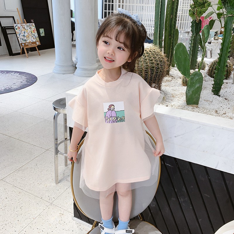 Đầm suông thun cotton phối voan lưới. Váy đầm bé gái