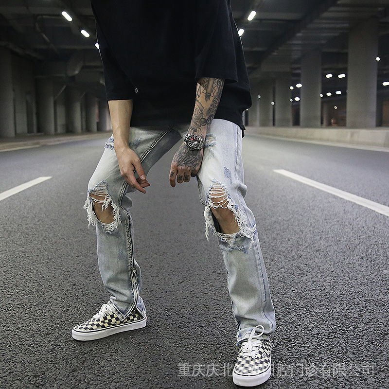 High street classic jeans European and American FOG slim-fit ripped light blue men's trousers wash series Old same style lost beard cat