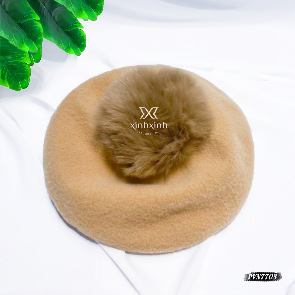 Mũ nồi Beret nỉ đính quả bông xinh xắn - Xinh Xinh Accessories