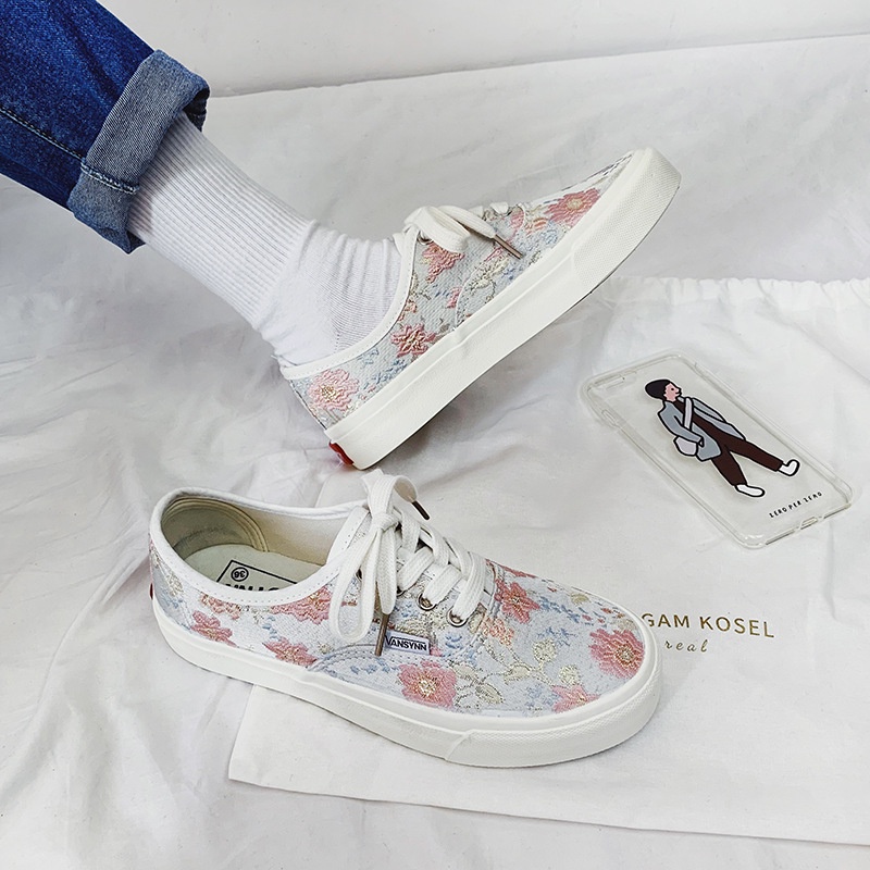Giày Thể Thao Canvas Thêu Họa Tiết Phong Cách Retro Hàn Quốc Thời Trang Cho Nữ