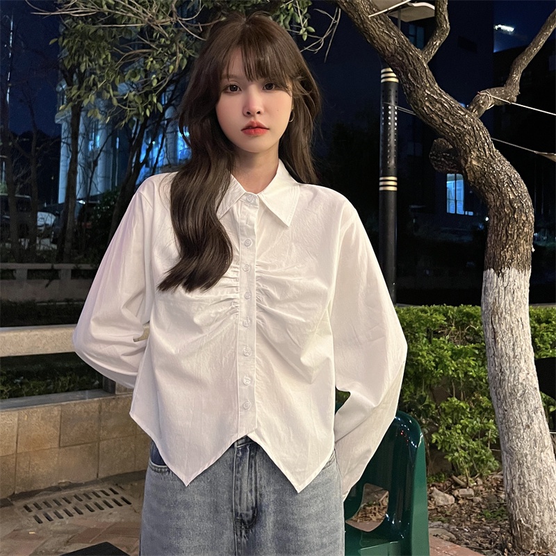 【ZHELIHANGFEI】Áo sơ mi không đều gấp tay dài kiểu dáng trường đại học eo cao