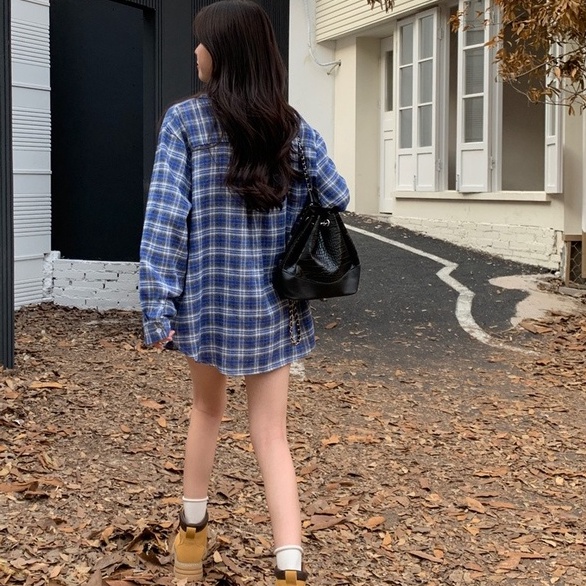 【ZHELIHANGFEI】Áo Sơ Mi Nữ Tay Dài Dáng Rộng Họa Tiết Caro Màu Xanh Dương Dễ Phối Đồ