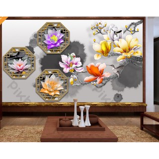 Tranh dán tường Tranh 3d Hoa Sen dán tường phòng khách (kích thước lớn) MS1157493