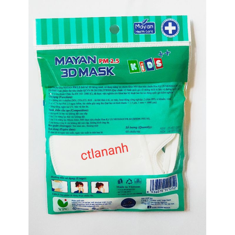 Khẩu trang Mayan 3D Mask trẻ em túi 5 chiếc