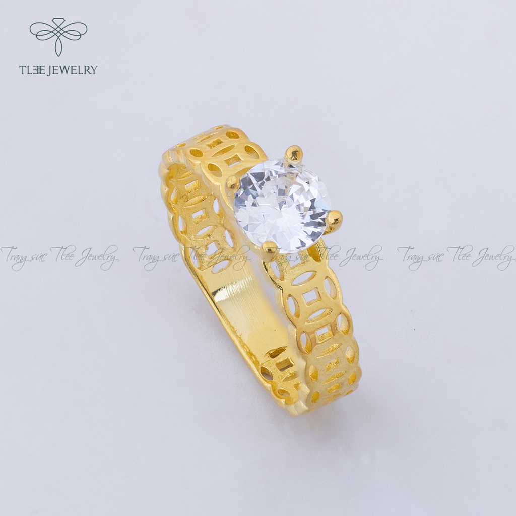 Nhẫn bạc nữ TLEE đồng xu mạ vàng 14k trụ đá bốn chấu cao cấp NCJ A0144