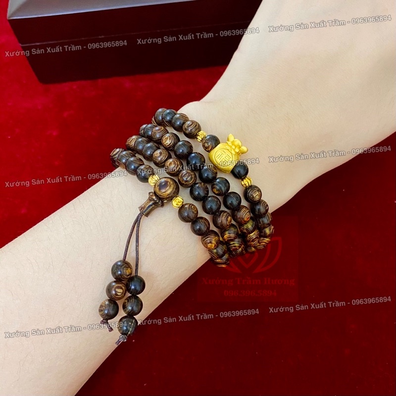 Chuỗi Trầm Hương 108 hạt mix Charm Túi Tiền Bạc 925 Phủ Vang - SIZE 6mm- Vòng tay gỗ nam nữ tự nhiên - Tốc &amp; Sánh