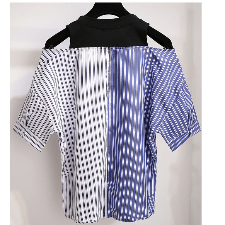 2021 summer new spliced shirt women's Korean version of fake two pieces of design careful machine shoulder leakage chiffon blouse