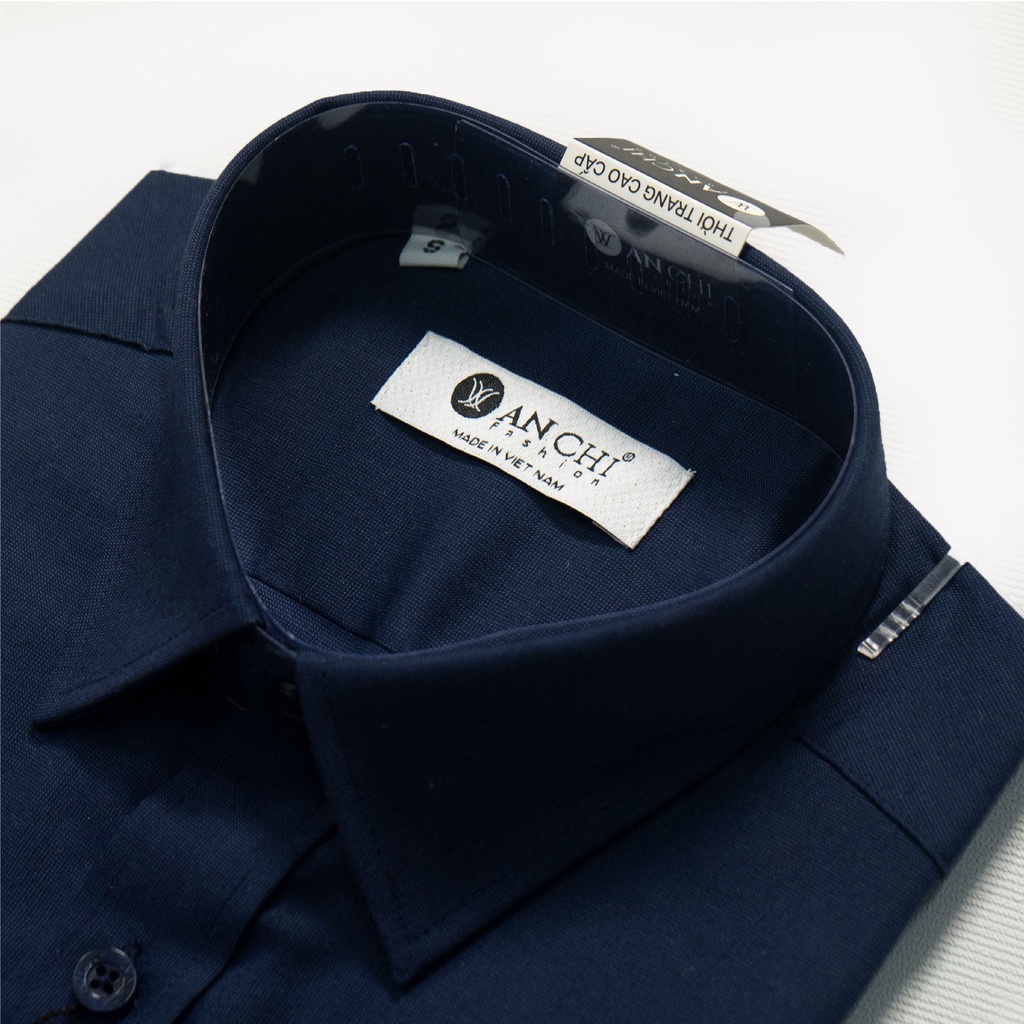Áo Sơ Mi Nam Ngắn Tay Trung Niên ANCHI Màu Xanh Than Trơn Vải Sợi Tre Cao Cấp
