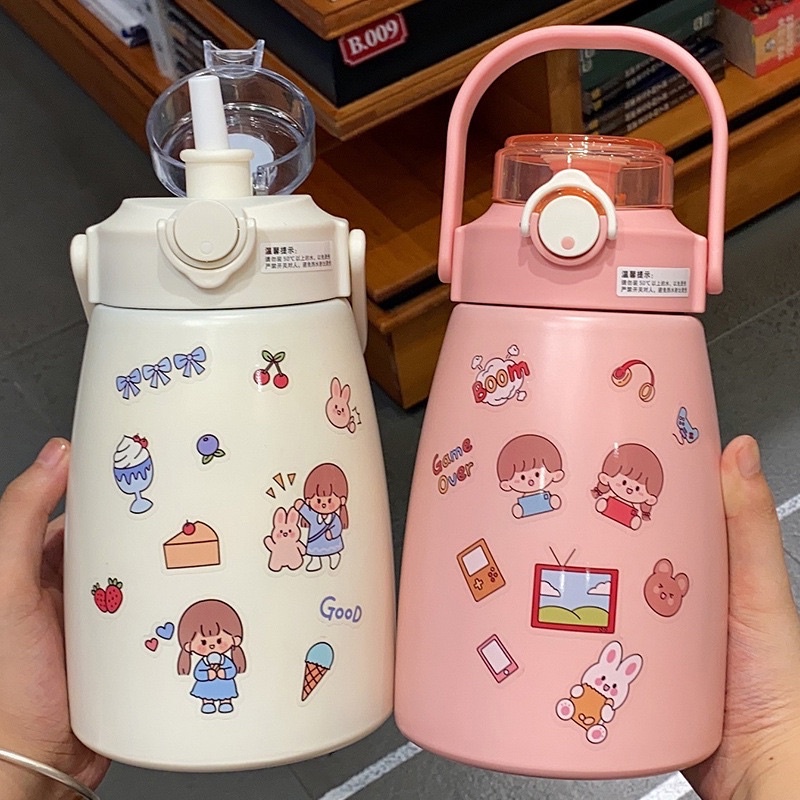 Bình Nước Giữ Nhiệt Kute - Bình Giữ Nhiệt 800ml Nhiều Màu Dễ Thương Kèm Ống Hút Và Sticker