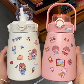 Bình nước giữ nhiệt cute có ống hút, inox 304 cao cấp không rỉ tặng kèm sticker xinh xắn