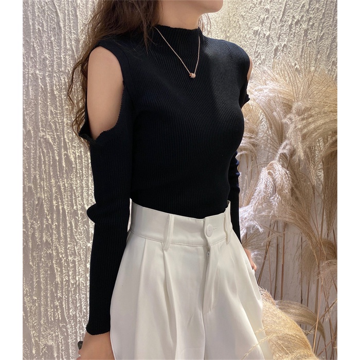 SUXI Áo kiểu dệt kim hở vai ôm dáng vừa vặn thời trang mùa thu mới dành cho nữ