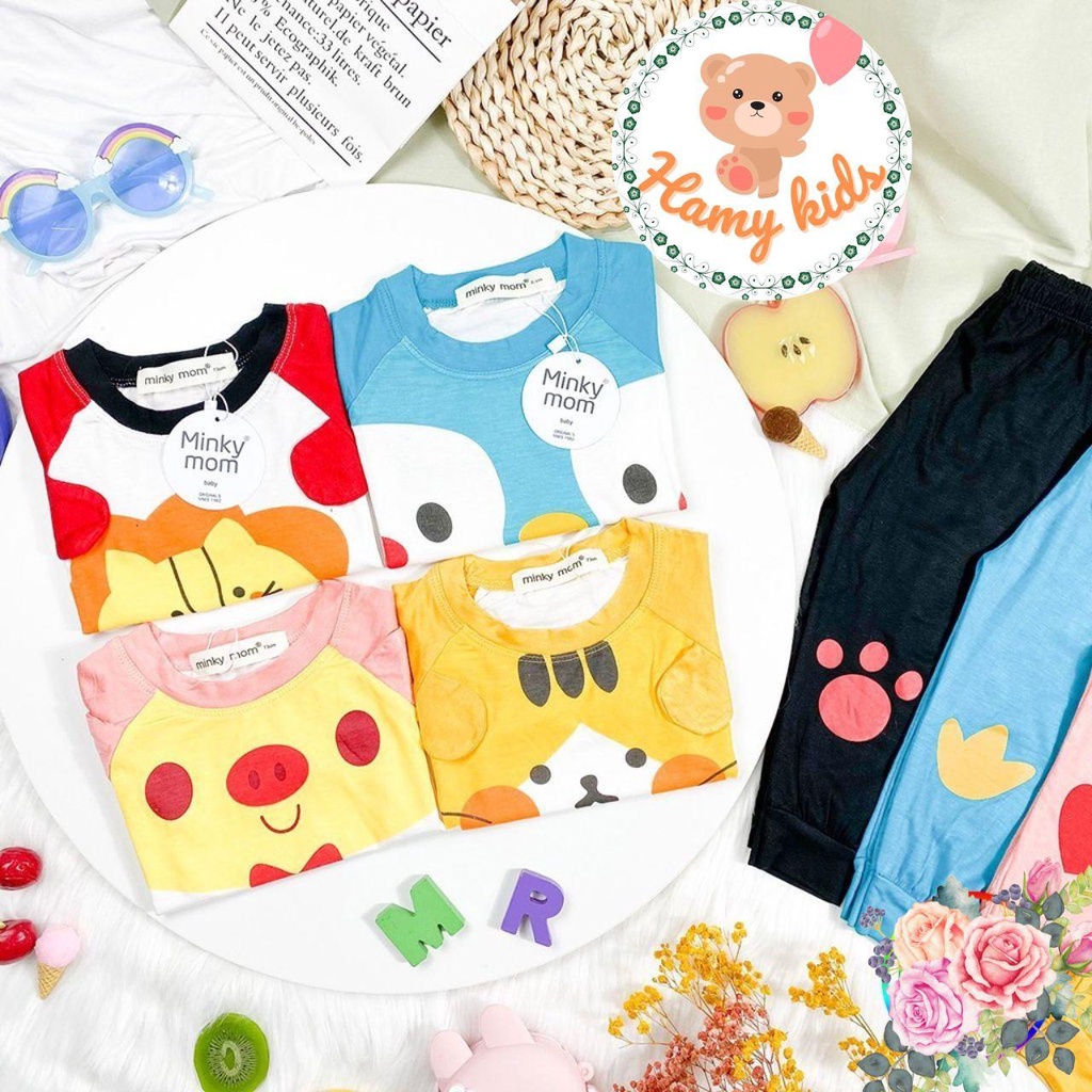 Đồ Bộ Minky Mom Chính Hãng Cộc Tay Quần Dài Vải Thun Lạnh Hình Động Vật Cho Bé Trai Bé Gái 0-5 Tuổi Dưới 20kg-Hamykids