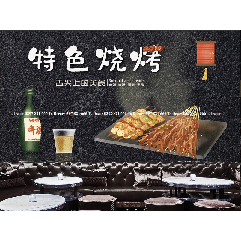 Tranh dán tường vải lụa 3D giành cho Quán Nướng Lẩu miễn Phí chèn tên riêng Quán, chèn chữ và logo theo yêu cầu.