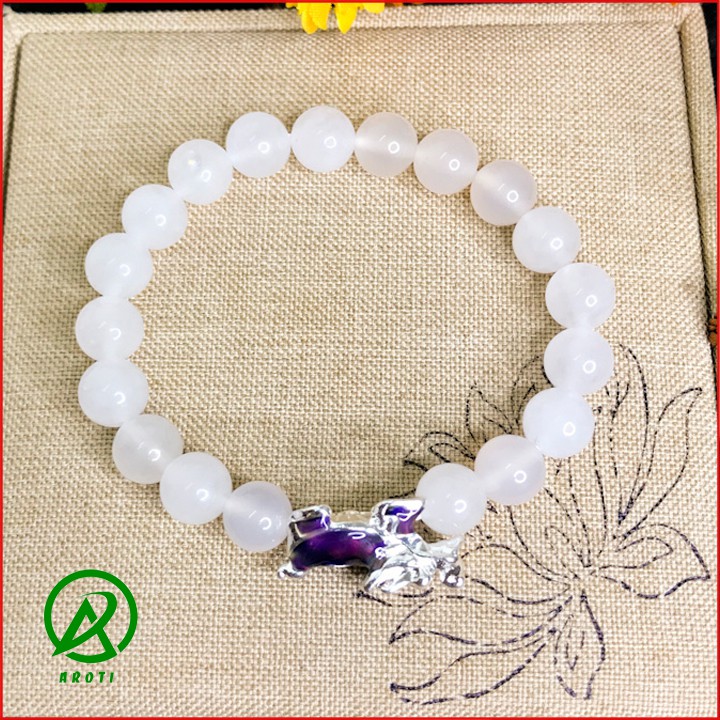 Vòng Tay Phong Thủy Mệnh Kim-Thủy - Vòng Tay Mã Não Trắng 8mm Mix Long Quy Bạc Đổi Màu Độc Lạ V377-8