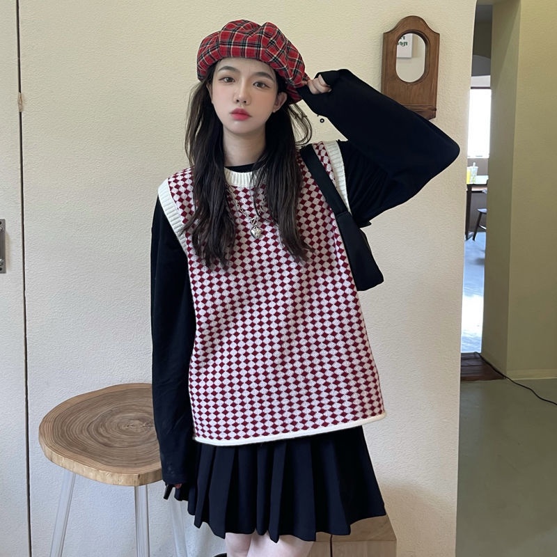 Áo dệt kim sát nách cổ tròn màu sắc tương phản thời trang mùa thu Hàn Quốc cho nữ