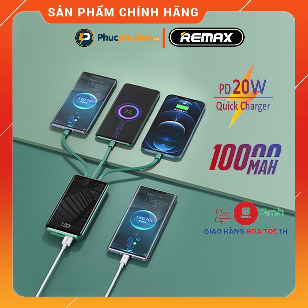 Sạc dự phòng 10000mah Remax RPP 218 tích hợp 3 cáp sạc lightning, Type C và micro hỗ trợ sạc nhanh 2 chiều