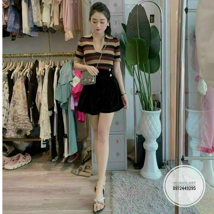 Áo len kẻ cổ bẻ cộc tay