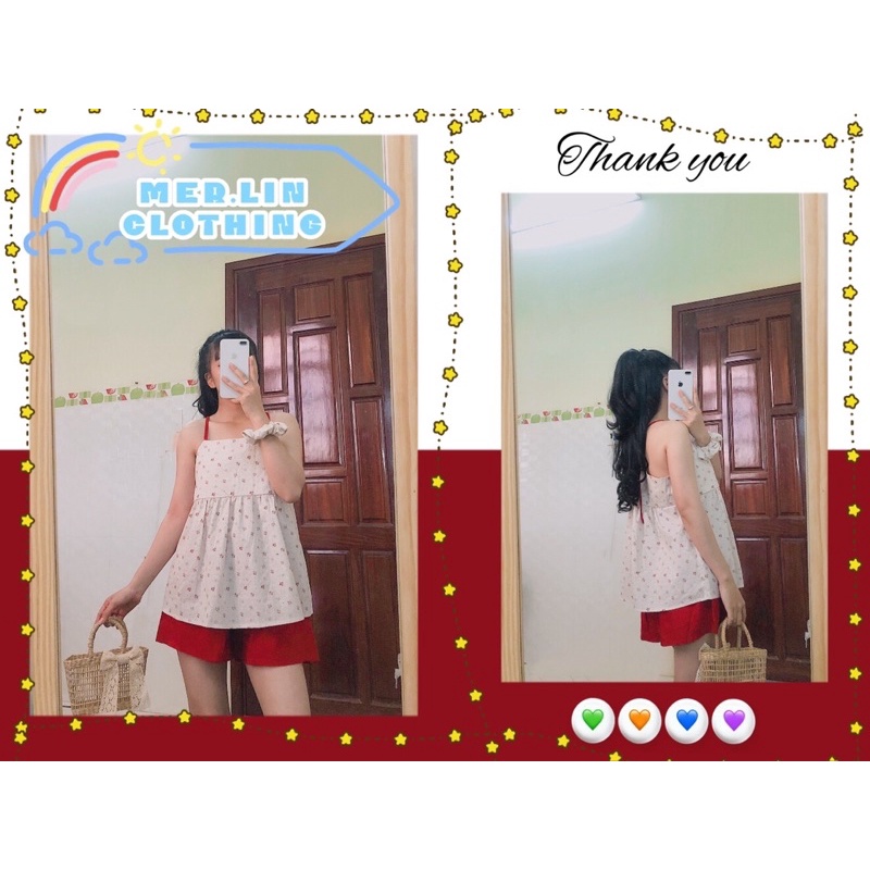 Đồ Bộ Nữ 👚Đồ Bộ Nữ mặc nhà hai dây buộc nơ hoạ tiết hoa nhí - quần ngắn mã QA02 | BigBuy360 - bigbuy360.vn