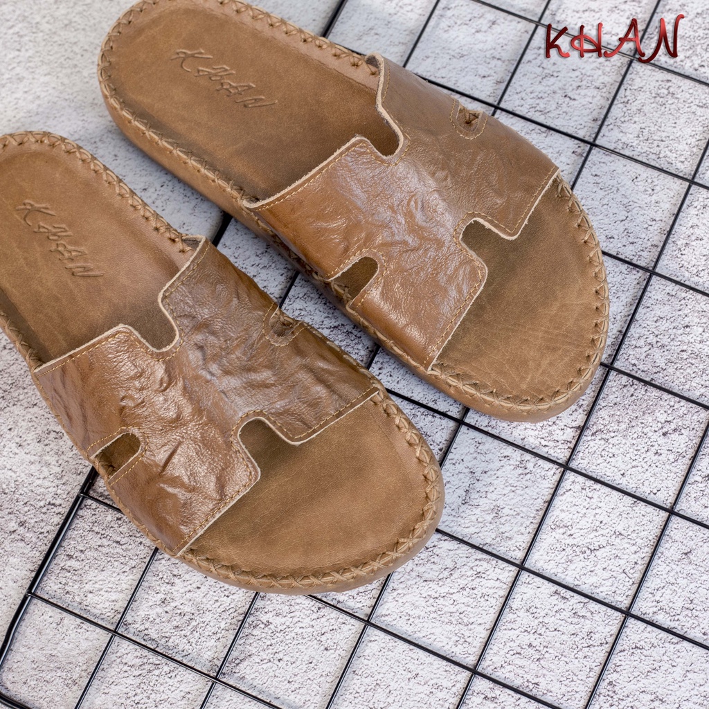 Dép Nam quai ngang , quai ngang da bò chữ H cao cấp Z-02 màu bò