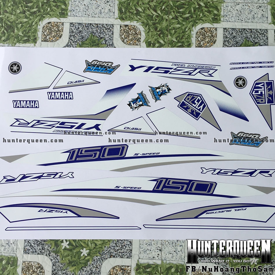 Tem rời dán xe Exciter 150 xanh GP. Decal cao cấp Y15ZR phối trắng bạc