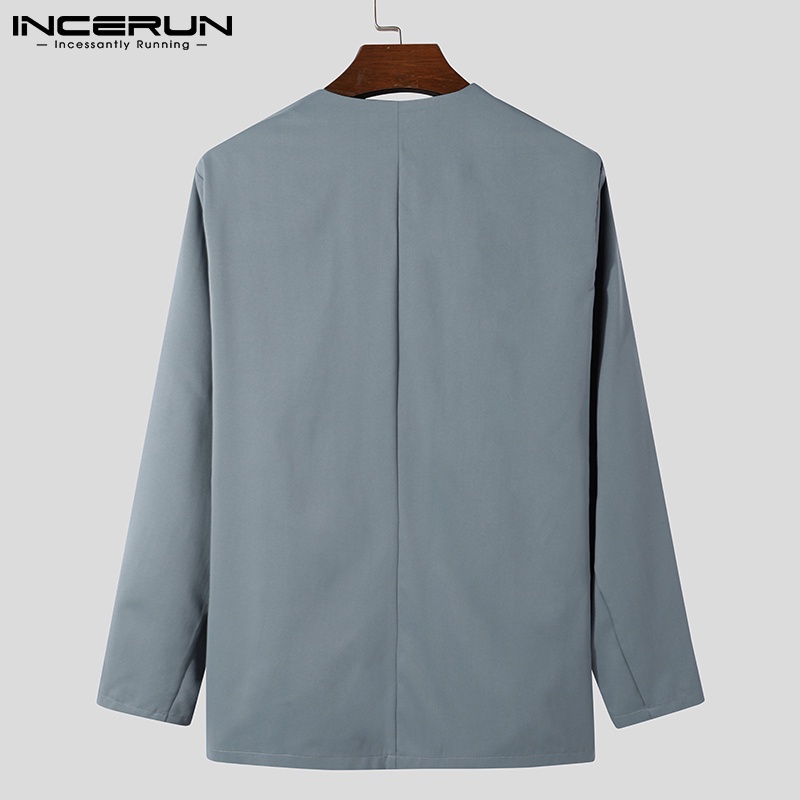 Áo blazer nam INCERUN cài nút dọc màu trơn tay dài cổ chữ V thời trang
